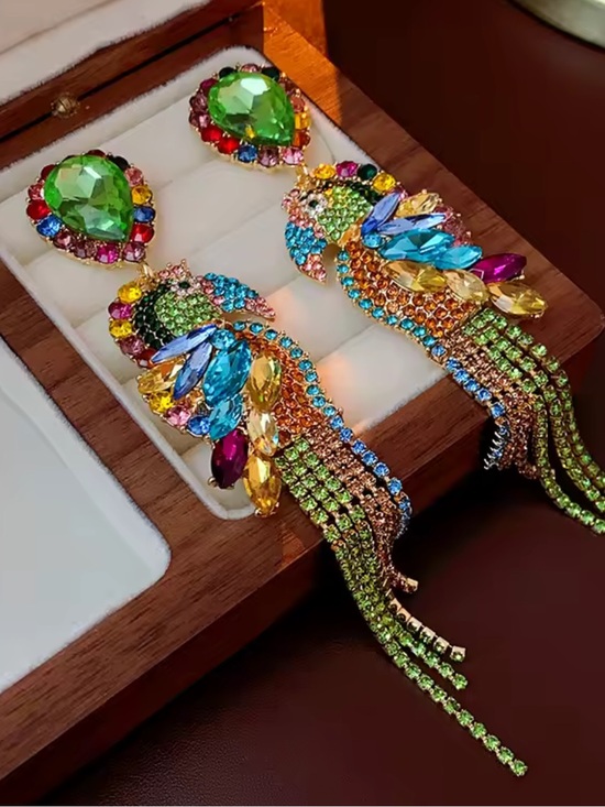 Anthropologie Jewelry - Statement Crystal Parrot Earrings | Colorful Rhinestone Drop / Tropical Jewelry